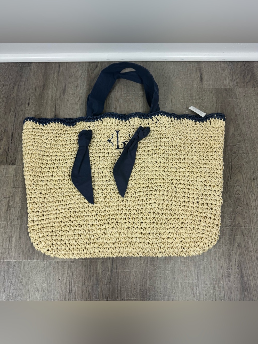 Mark & Graham Ribbon Scalloped Raffia Tote Beach Bag Navy L Monogram Large NEW